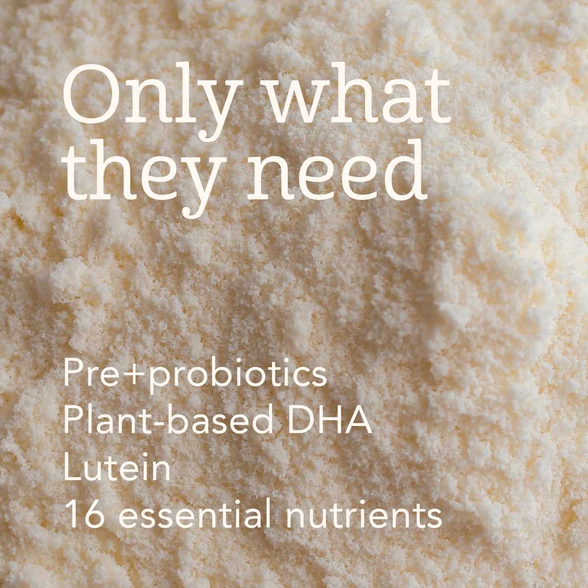 Text overlay on a textured beige background with product features listed.
