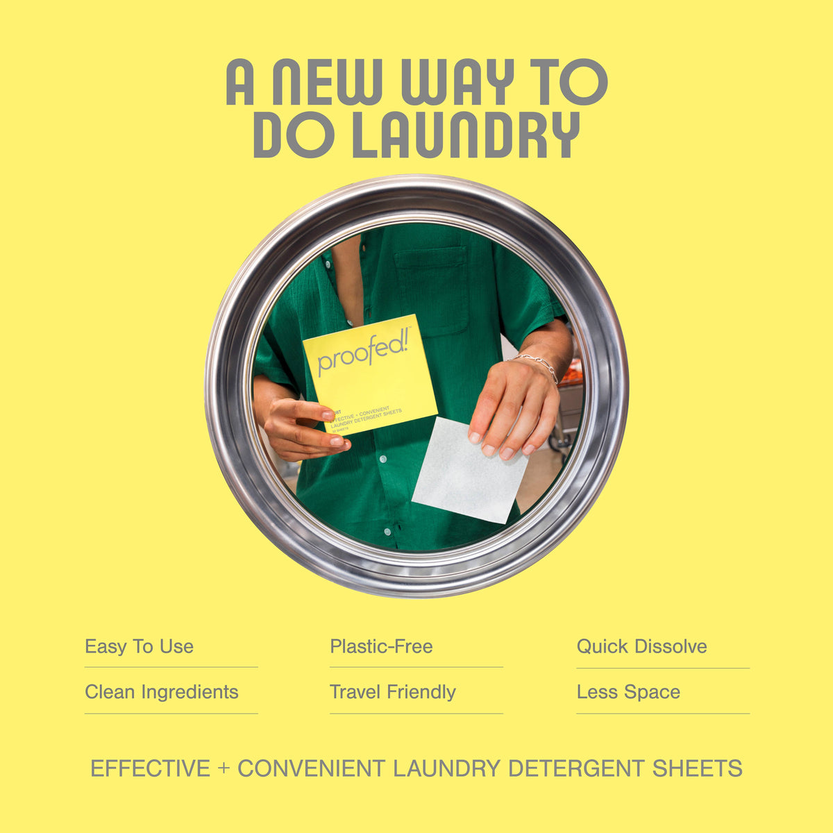 Laundry detergent sheets packaging with a person holding a sheet and a yellow card on a yellow background.