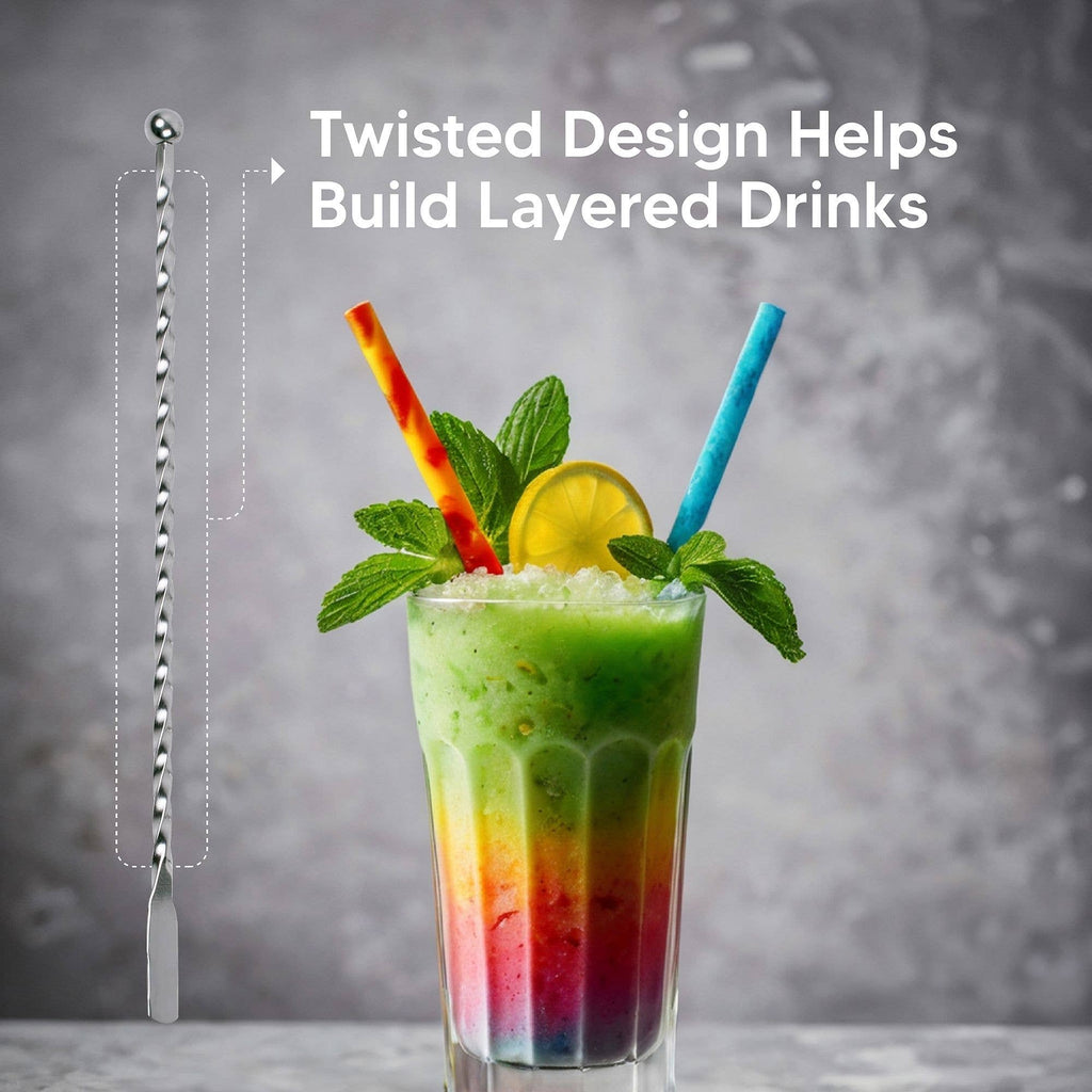 Colorful layered drink with a cocktail spoon and text on a gray background
