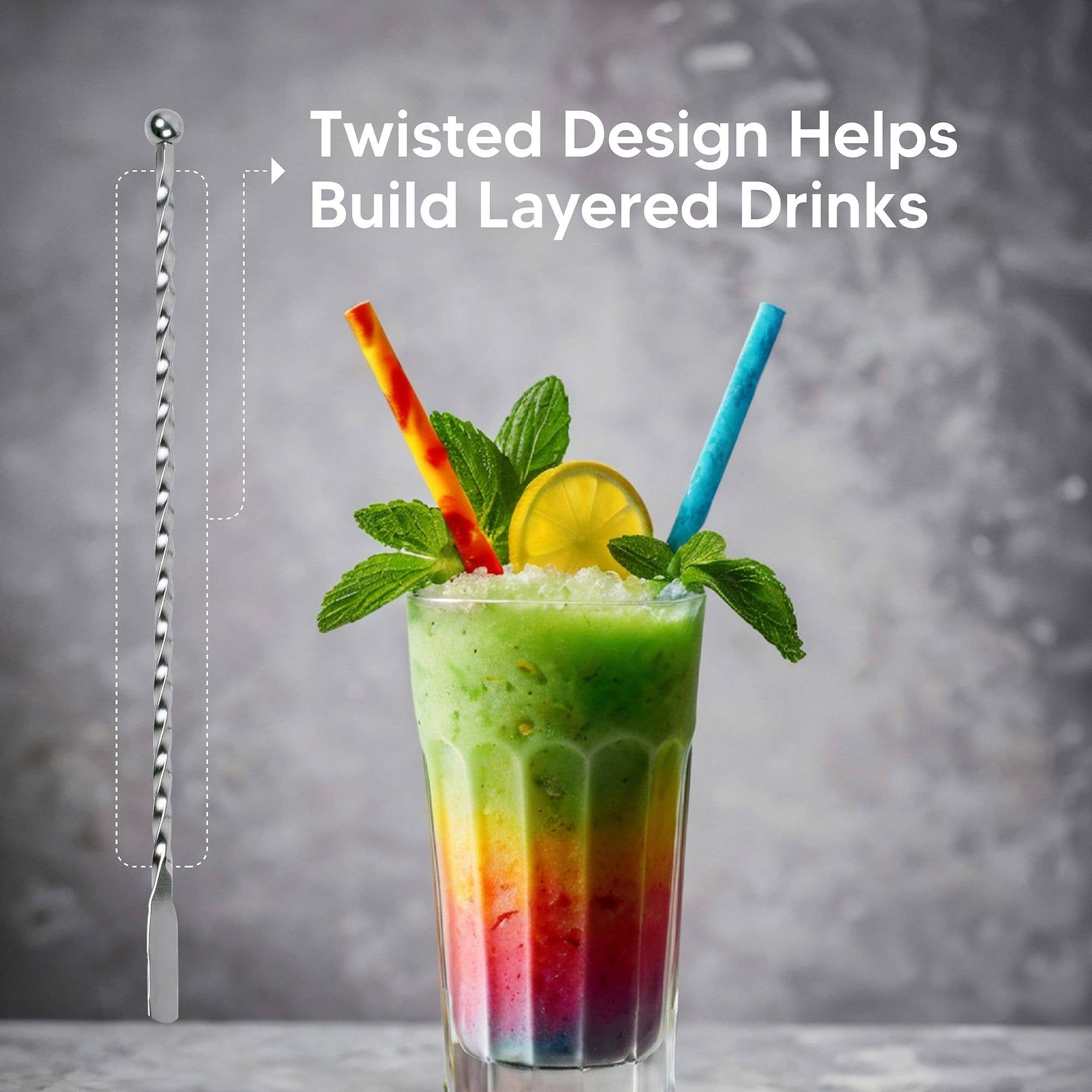 Colorful layered drink with a cocktail spoon and text on a gray background
