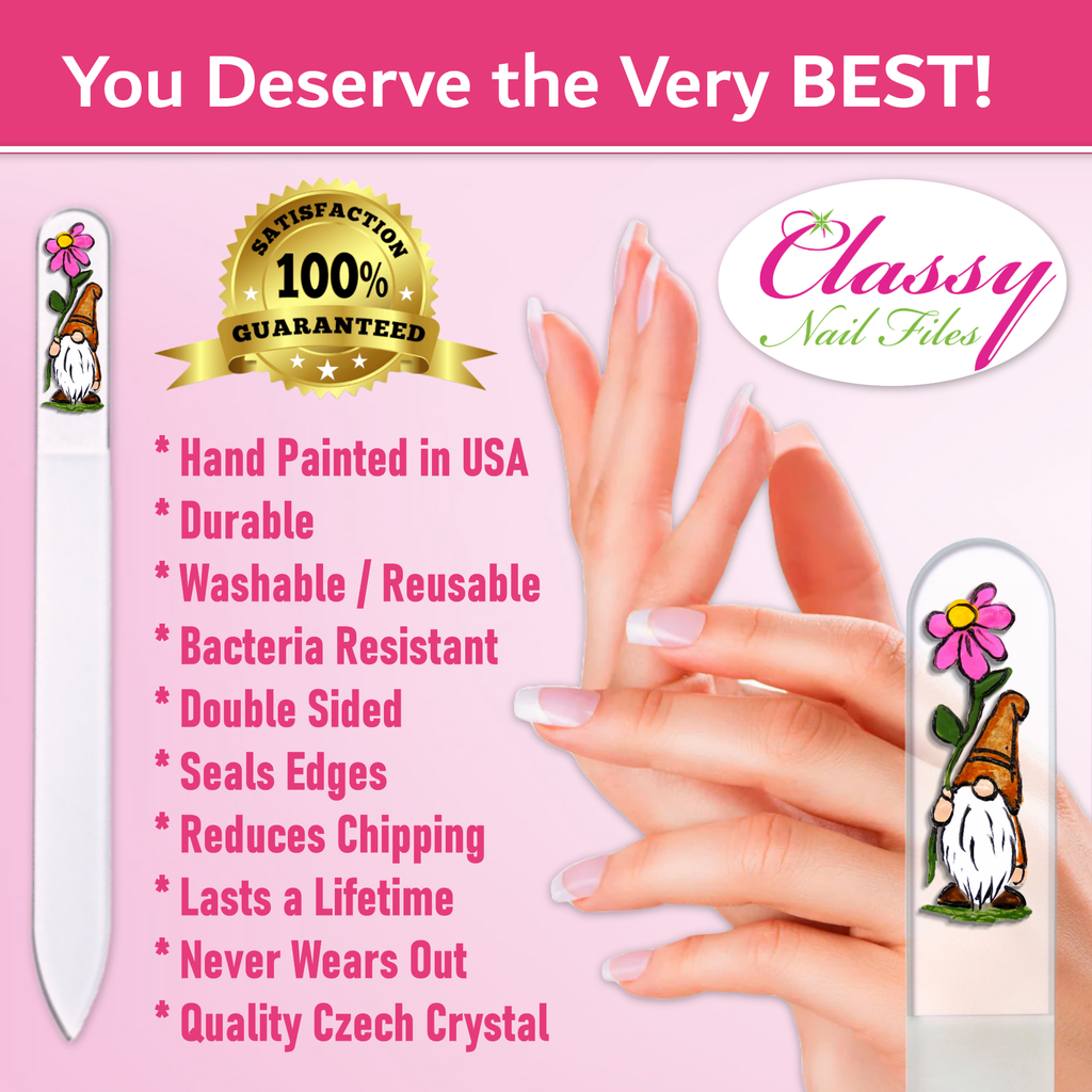 Classy Nail Files advertisement with hand-painted USA, durability, and quality features on a pink background.