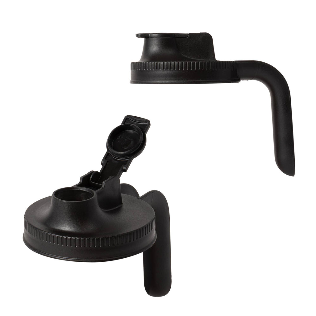 Black plastic car cup holder with wide base and handle on a white background