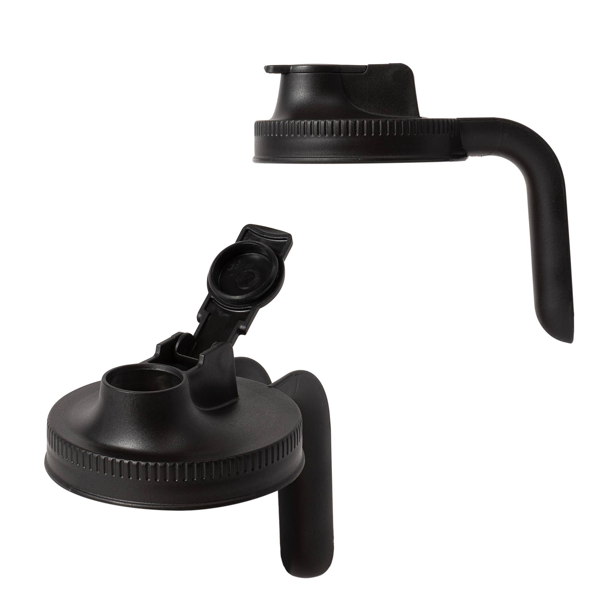 Black plastic car cup holder with wide base and handle on a white background