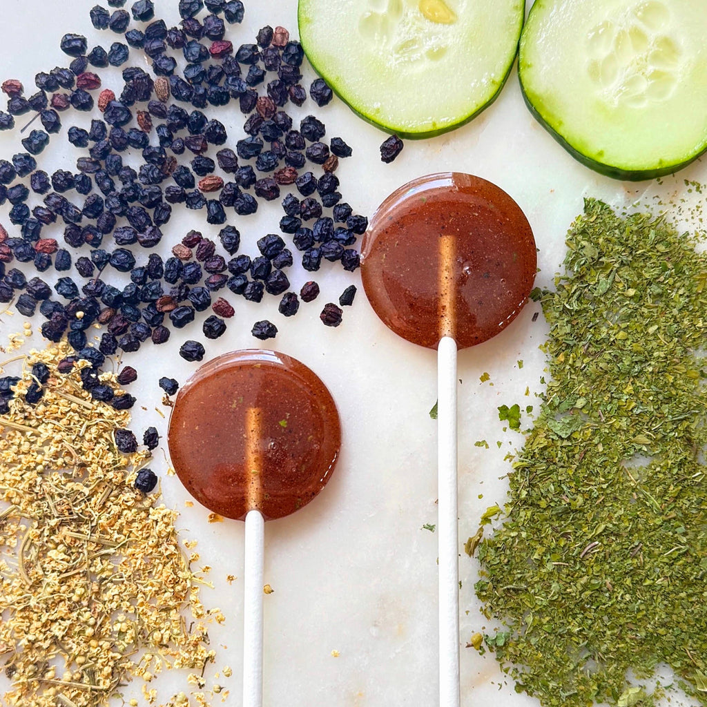 Two round lollipops on sticks with dried fruits, zucchini slices, and herbs on a white surface.