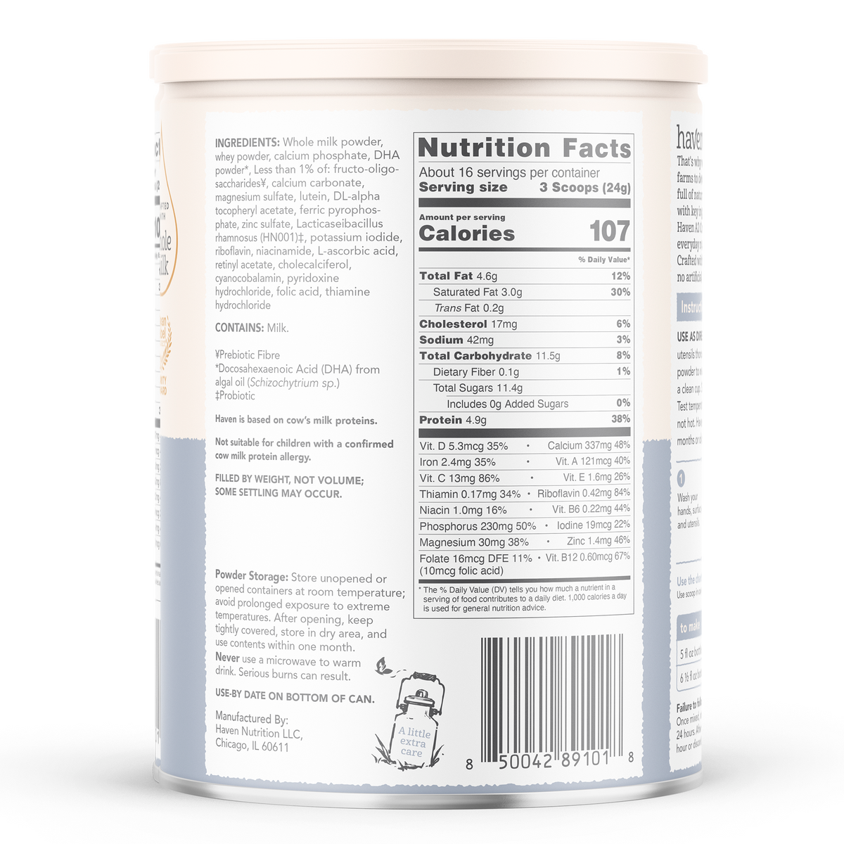 Back side of a white canister of NutraScience protein powder, showing the nutrition facts label, ingredients list, and barcode on a white background.