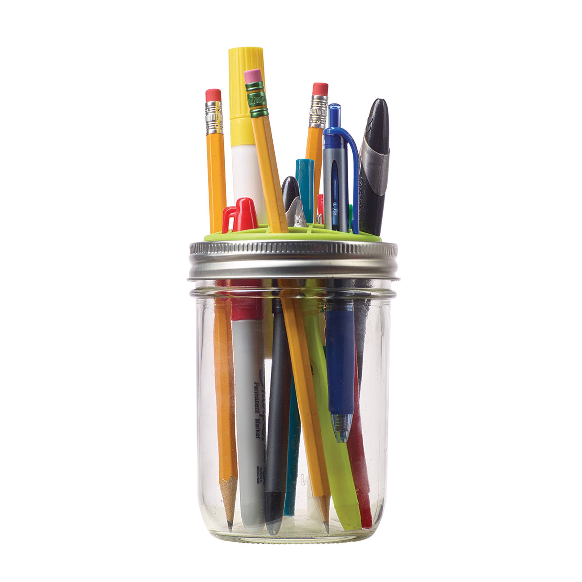 Clear glass jar filled with various colorful pens and markers on a white background
