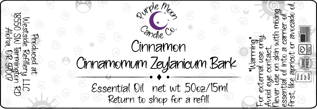 Label for Cinnamon Zeylanicum Bark essential oil from Purple Moon Candle Co.