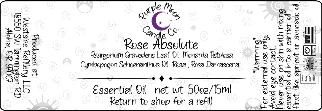 Label for Purple Moon Candle Co. Rose Absolute essential oil with text and branding.