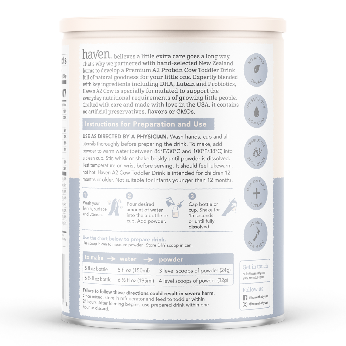 The back of a white plastic canister of Haven A2 Cow Drink powder, showing detailed instructions, preparation steps, nutritional information, and social media links on a white background.