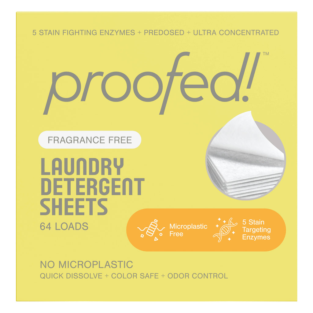Box of proofed! laundry detergent sheets with yellow background