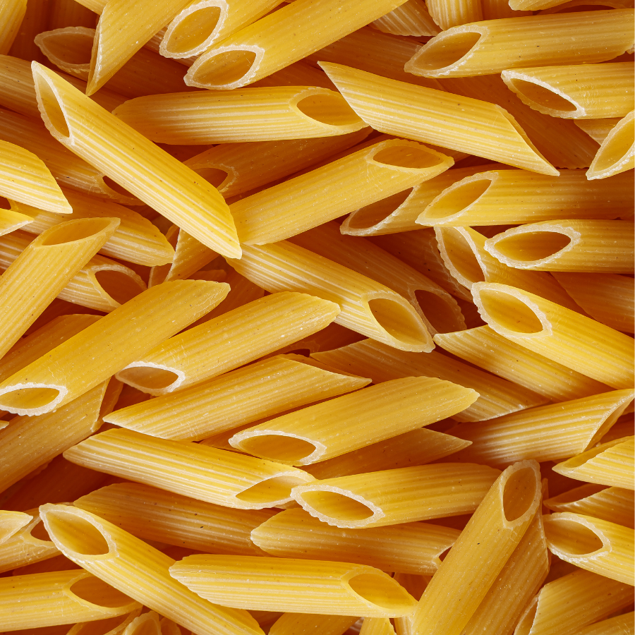 Close-up of penne pasta showing texture and color.