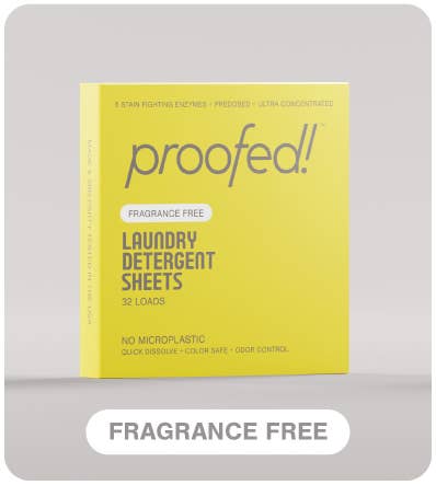 Package of Proofed laundry detergent sheets on a gray background