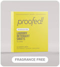 Package of Proofed laundry detergent sheets on a gray background