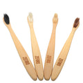 Four bamboo toothbrushes with different bristle colors on a white background, branded 'Zefiro'.