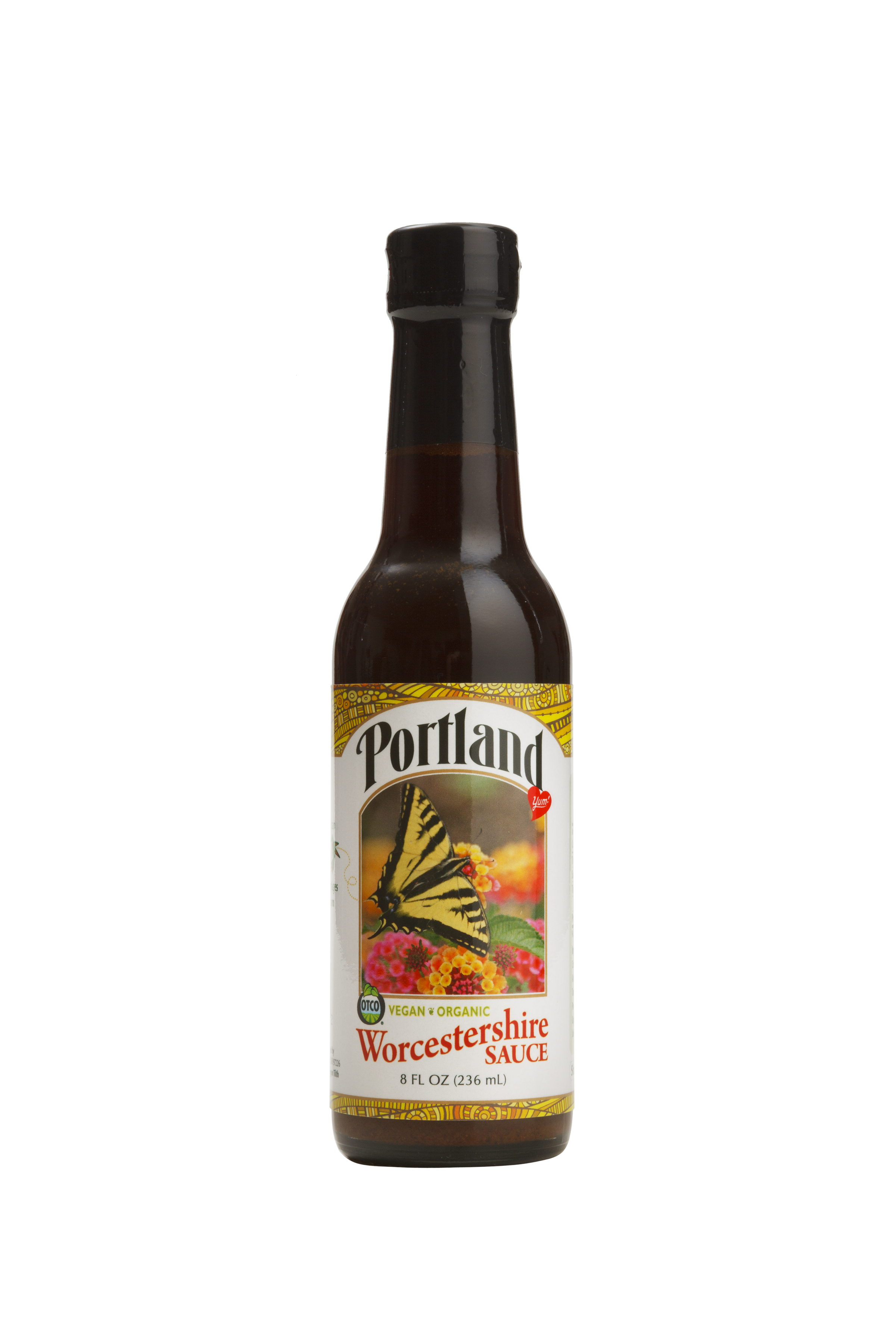 Bottle of Portland Worcestershire sauce on a white background