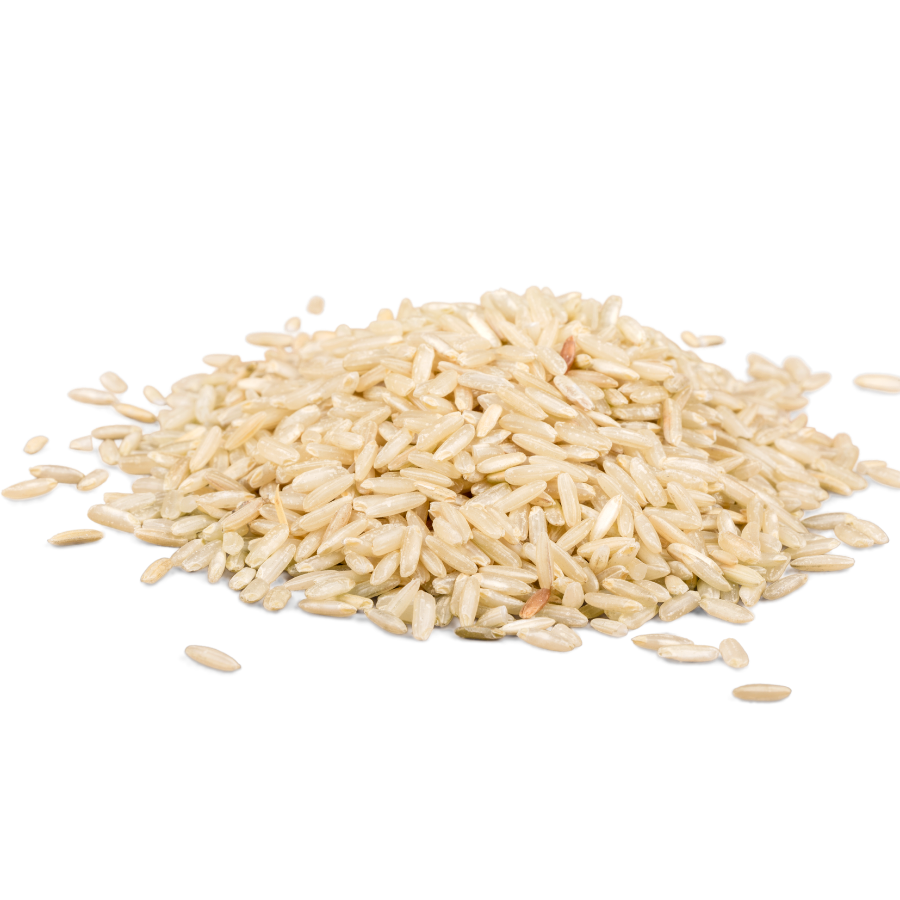 Pile of uncooked rice on a white background