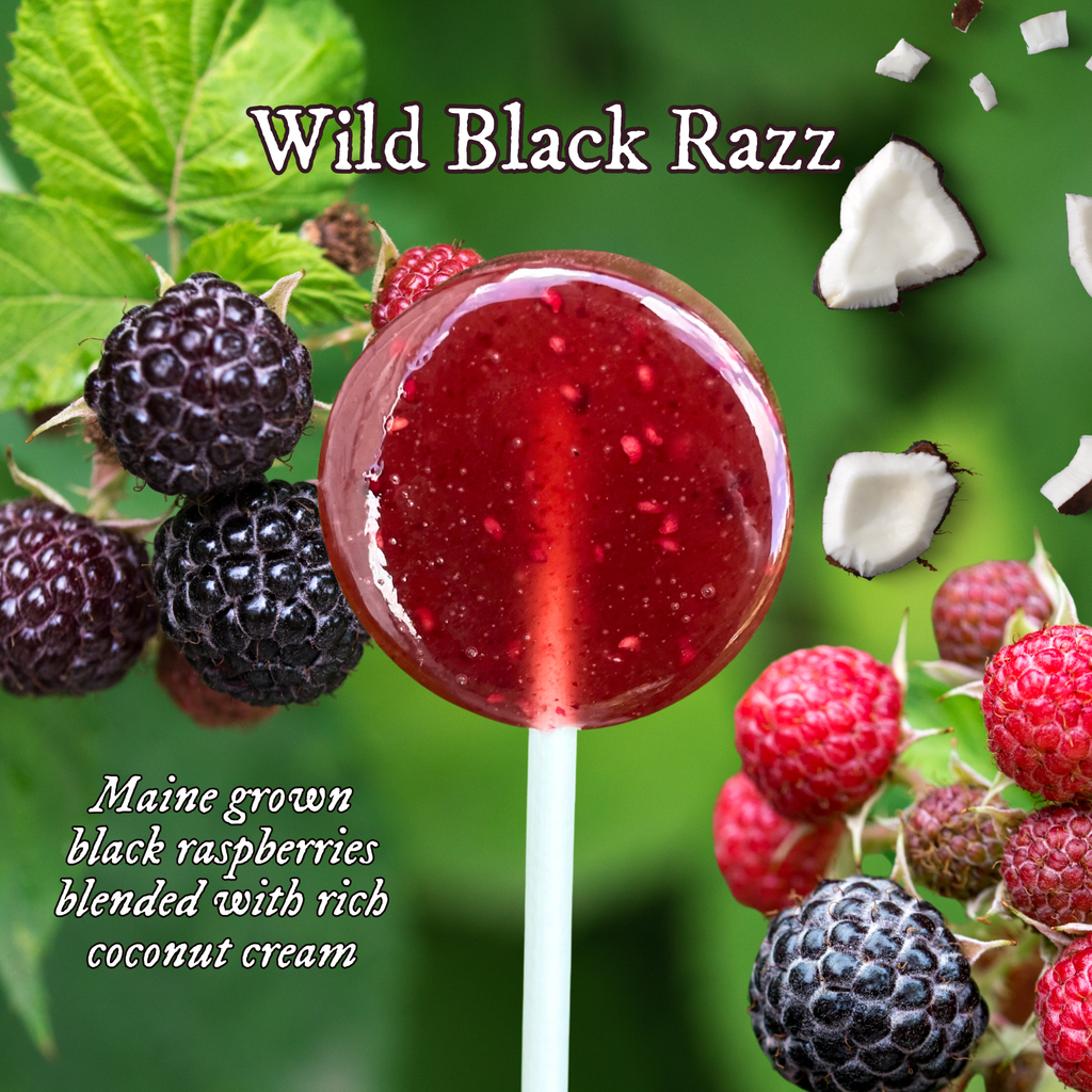 Lollipop with wild black razz flavor surrounded by raspberries and blackberries on a green background.