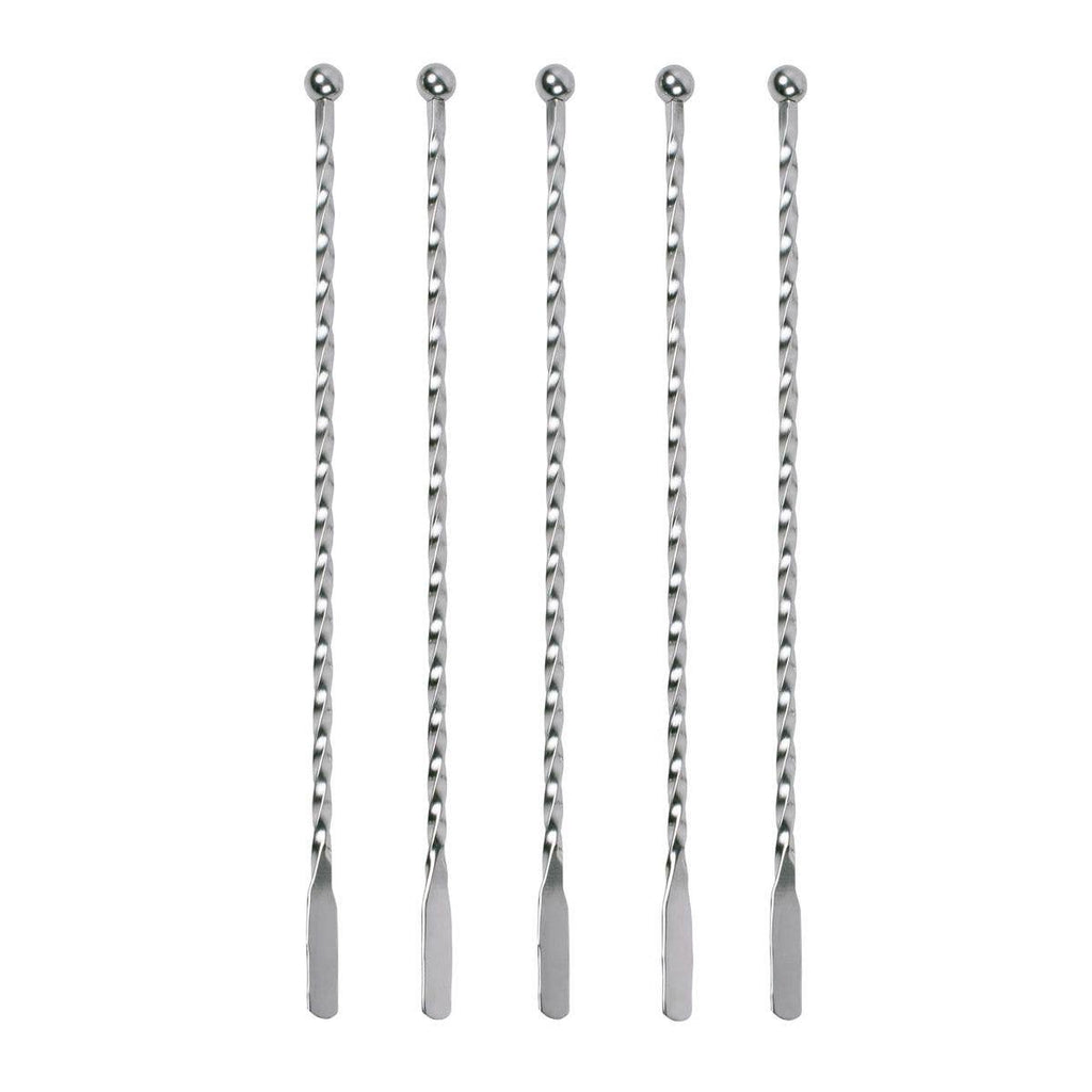 Five silver metal twist bar spoons with ball handles and flat tips, arranged vertically on a plain white background.