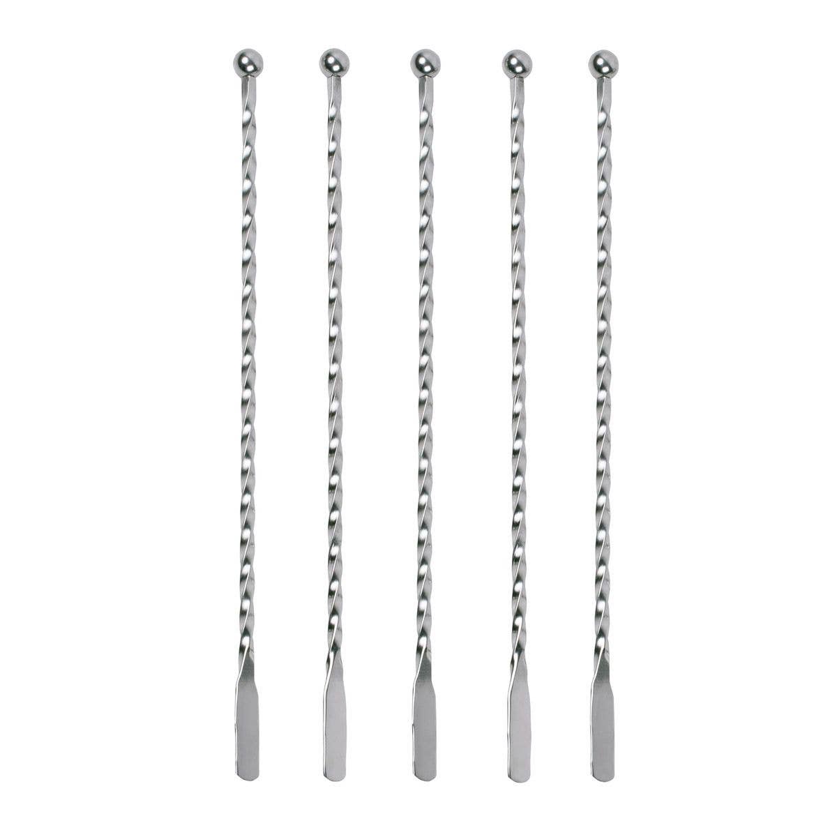 Five silver metal twist bar spoons with ball handles and flat tips, arranged vertically on a plain white background.