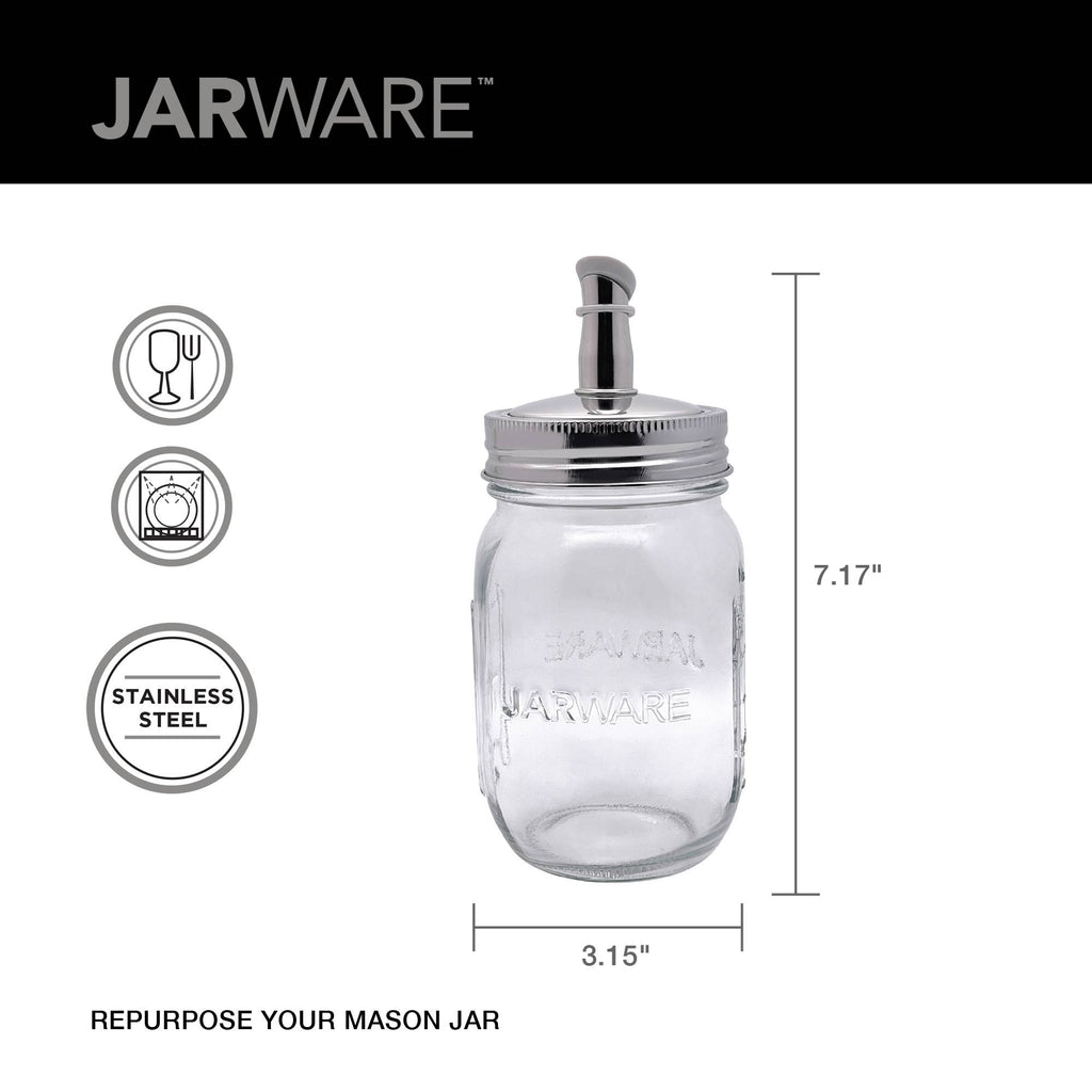 Jarware mason jar with stainless steel lid and olive oil dispenser on a white background