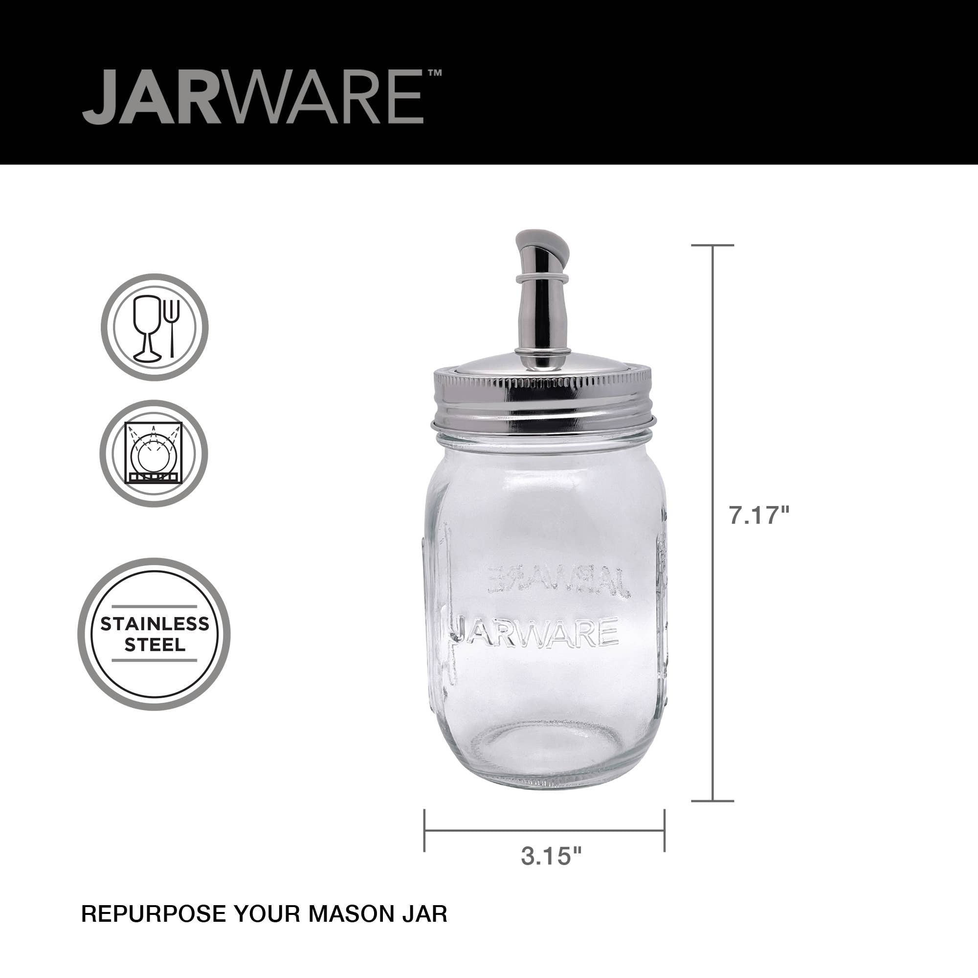 Jarware mason jar with stainless steel lid and olive oil dispenser on a white background
