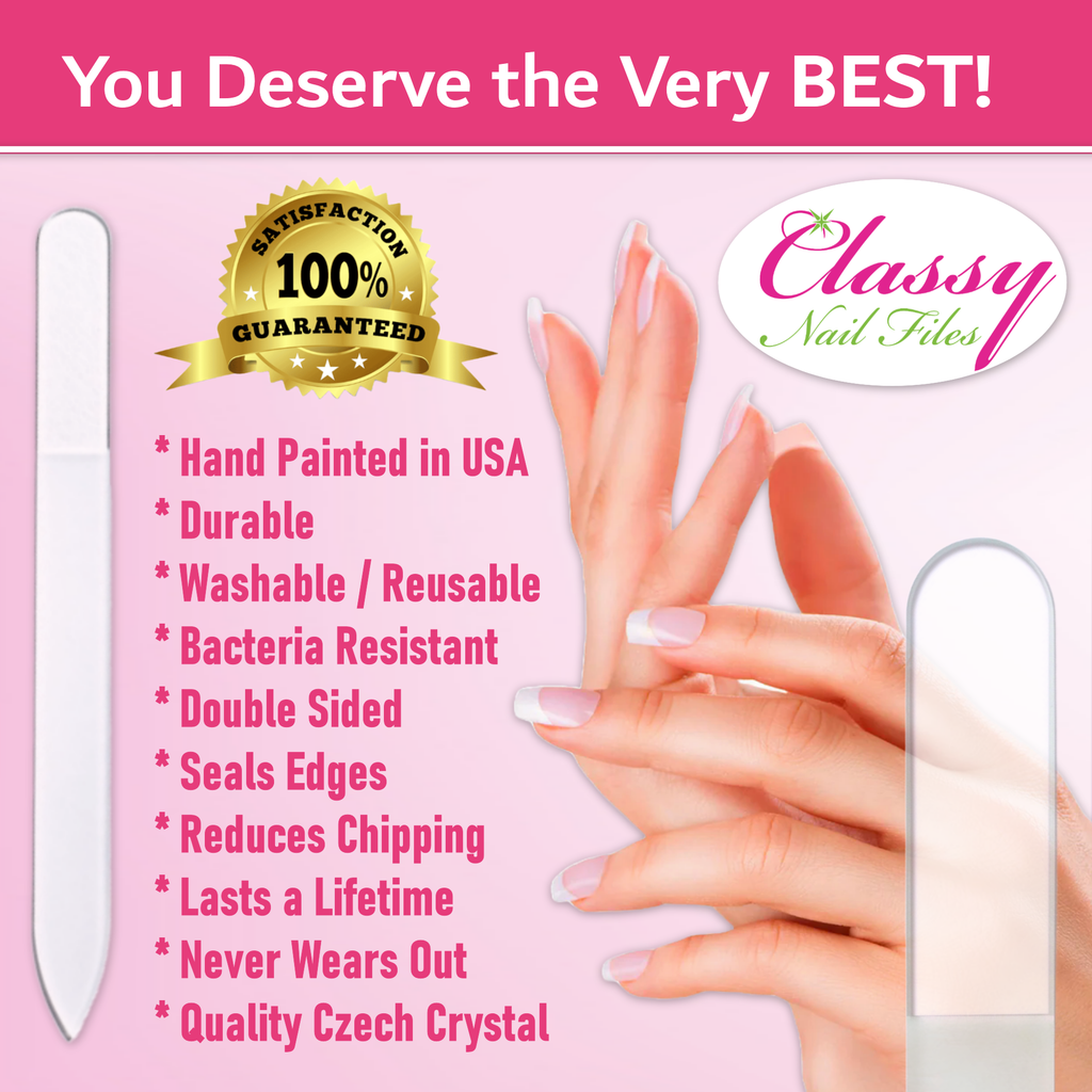 Advertisement for Classy Nail Files with a hand holding a nail file and product features listed on a pink background.