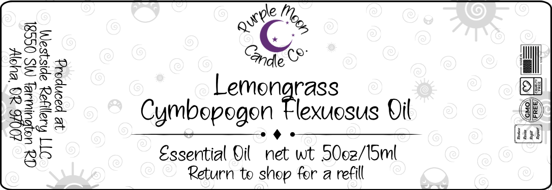 Lemongrass essential oil label with branding and product details.
