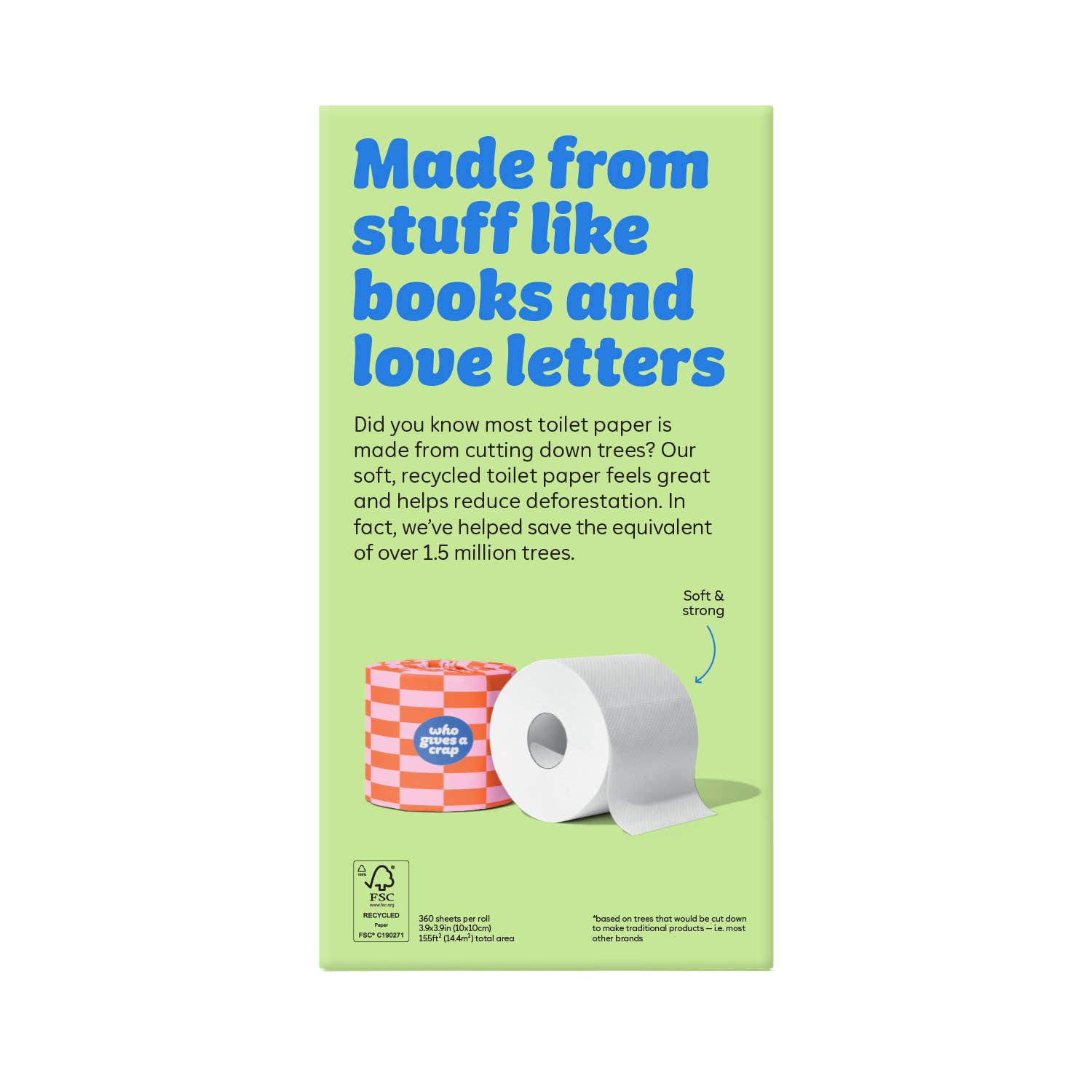 Recycled toilet paper packaging with text about sustainability on a green background