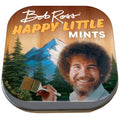 Bob Ross-themed mints tin with a scenic painting and Bob Ross's face on it.