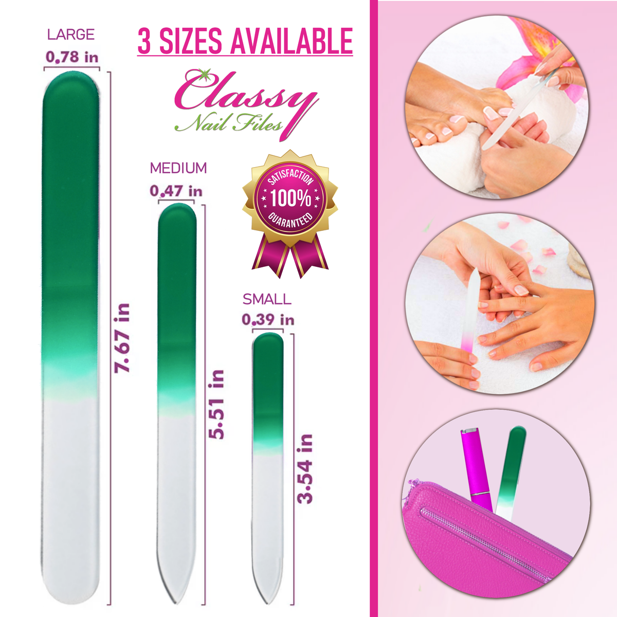 Classy nail files with size chart and packaging on a pink background