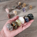 Hand holding small crystal skulls of various colors on a wooden surface