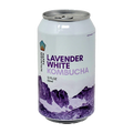 A 12 fl oz aluminum can of Happy Mountain Lavender White Kombucha, featuring a white label with purple text and a purple mountain graphic, set against a plain white background.