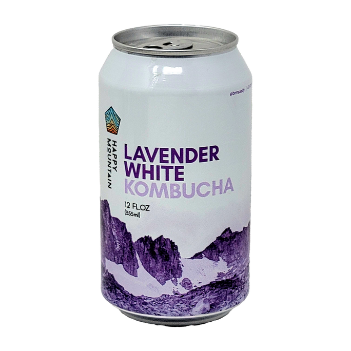 A 12 fl oz aluminum can of Happy Mountain Lavender White Kombucha, featuring a white label with purple text and a purple mountain graphic, set against a plain white background.