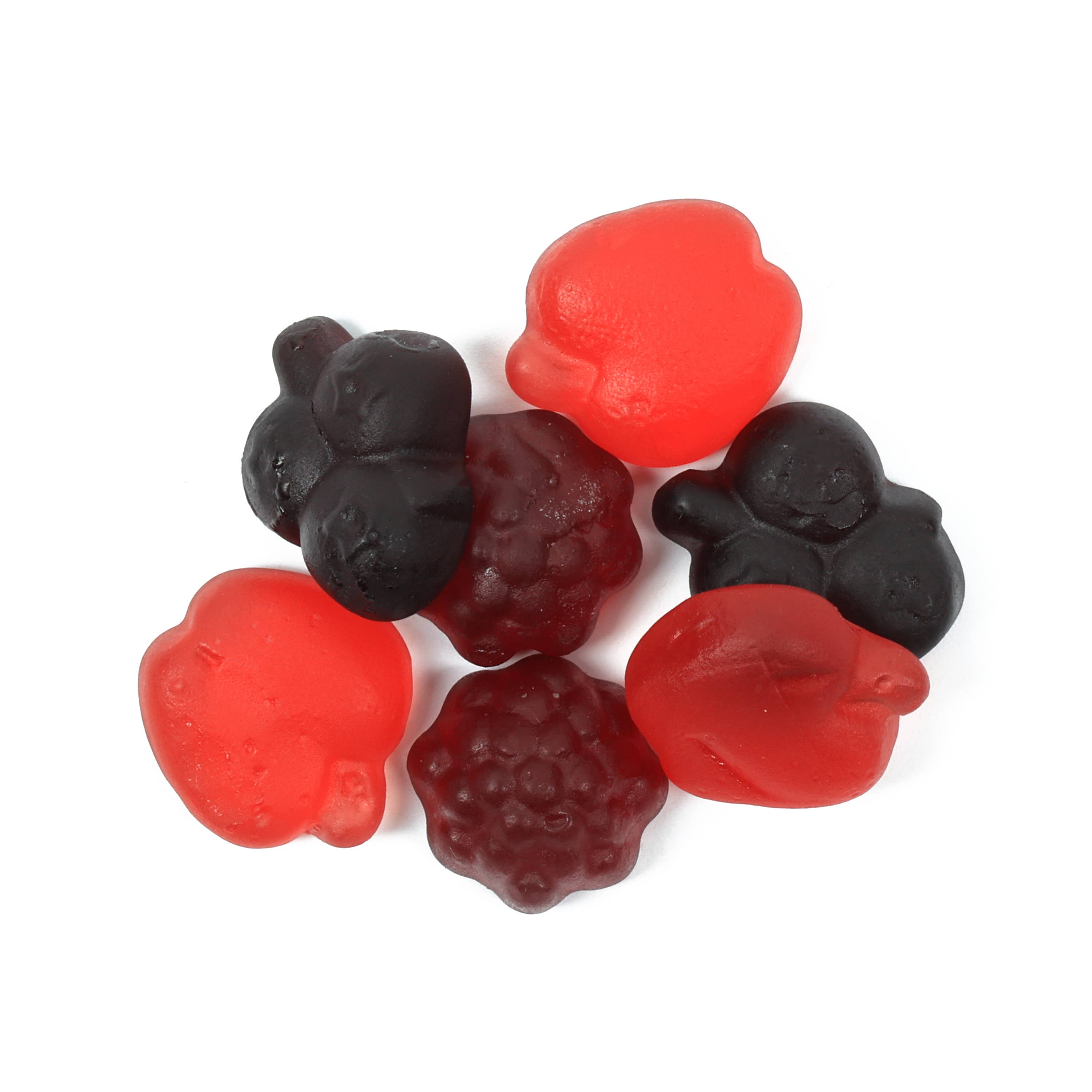 Red, black, and purple gummy bears on a white background