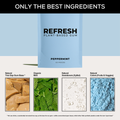 Refresh plant-based gum packaging with ingredients listed on a light blue background