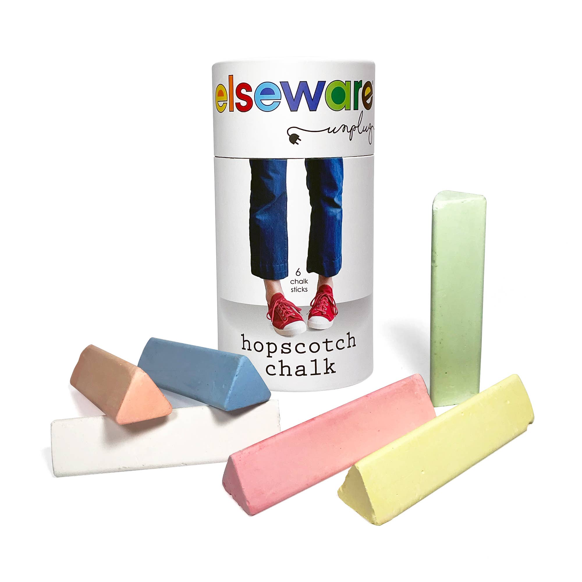 Set of colorful hopscotch chalk with packaging labeled 'elseware' on a white background.