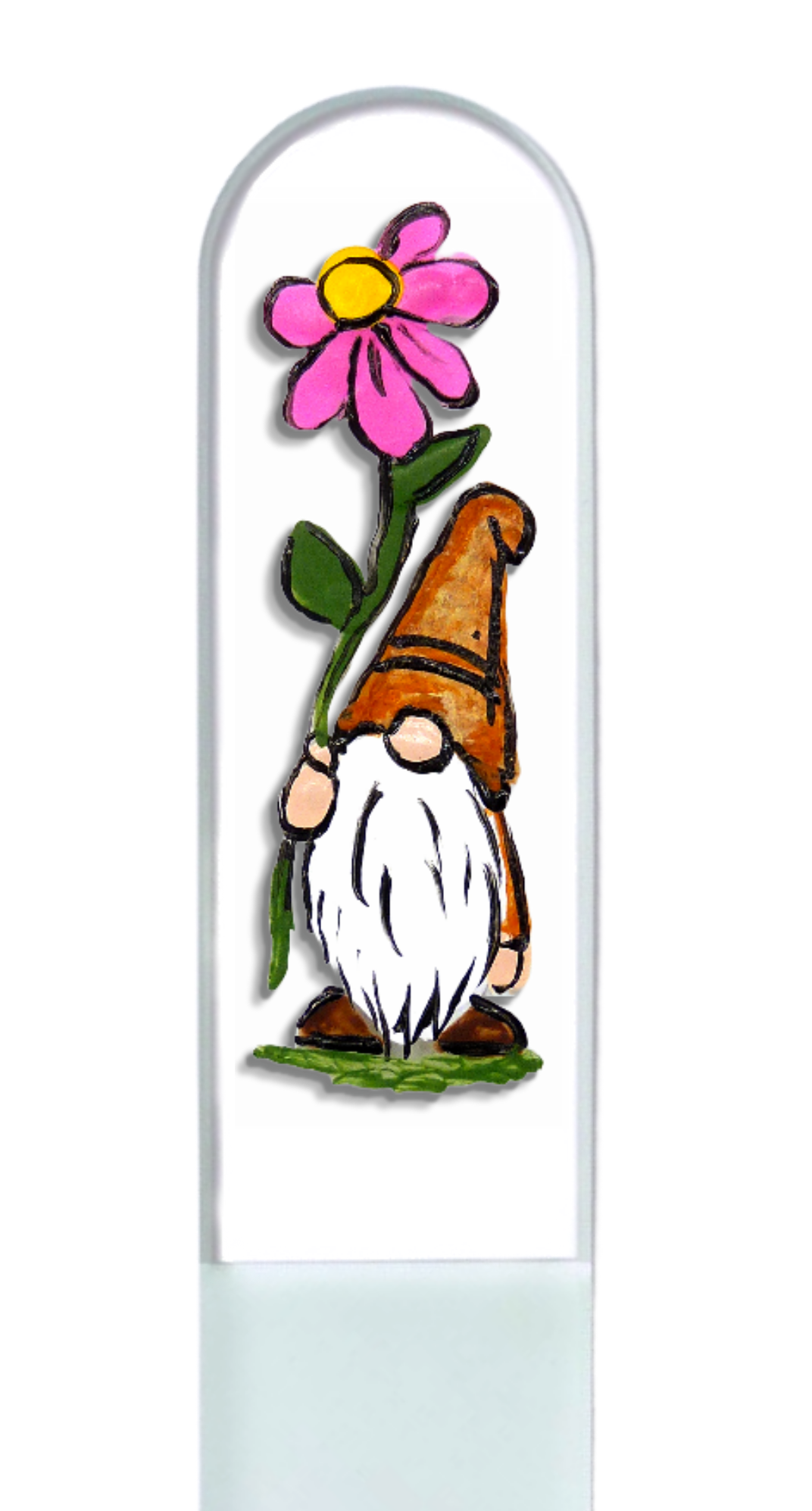 Decorative garden gnome with a pink flower on a white background