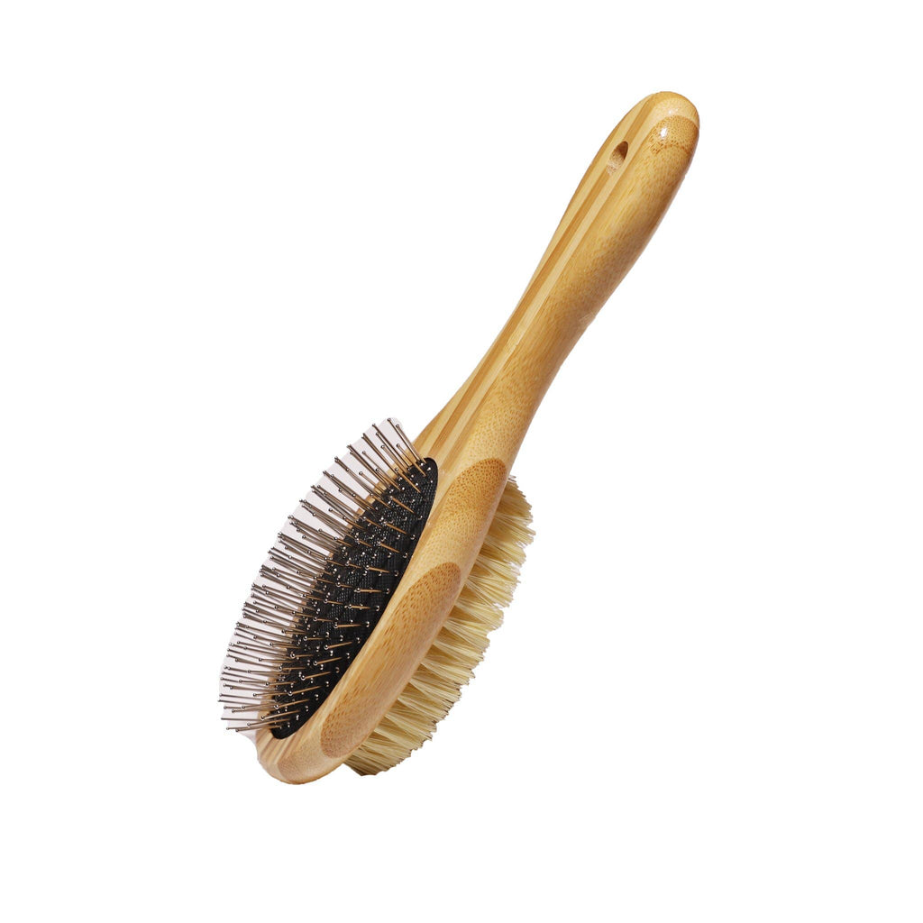 Wooden pet brush with bristle head on a white background