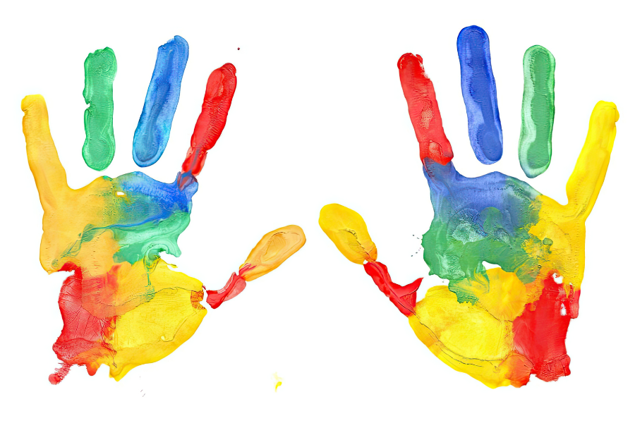 Colorful handprints made with paint on a white background
