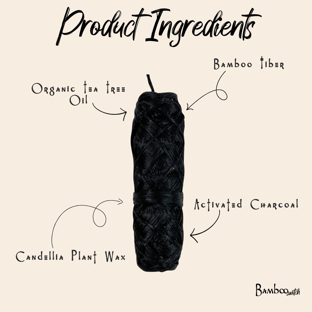 Black floss with labeled ingredients on a beige background