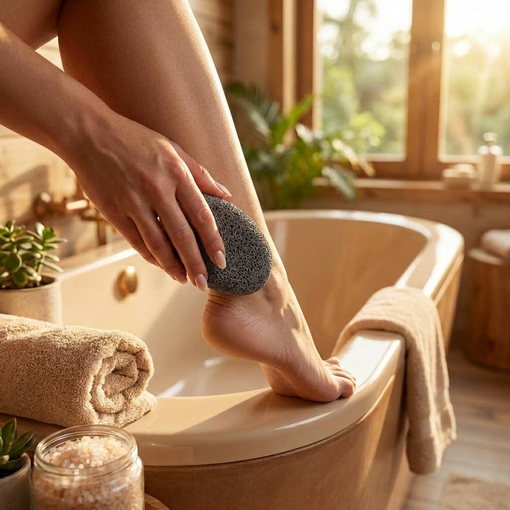 Person using a pumice stone on their foot in a bathroom setting with a bathtub and towels.