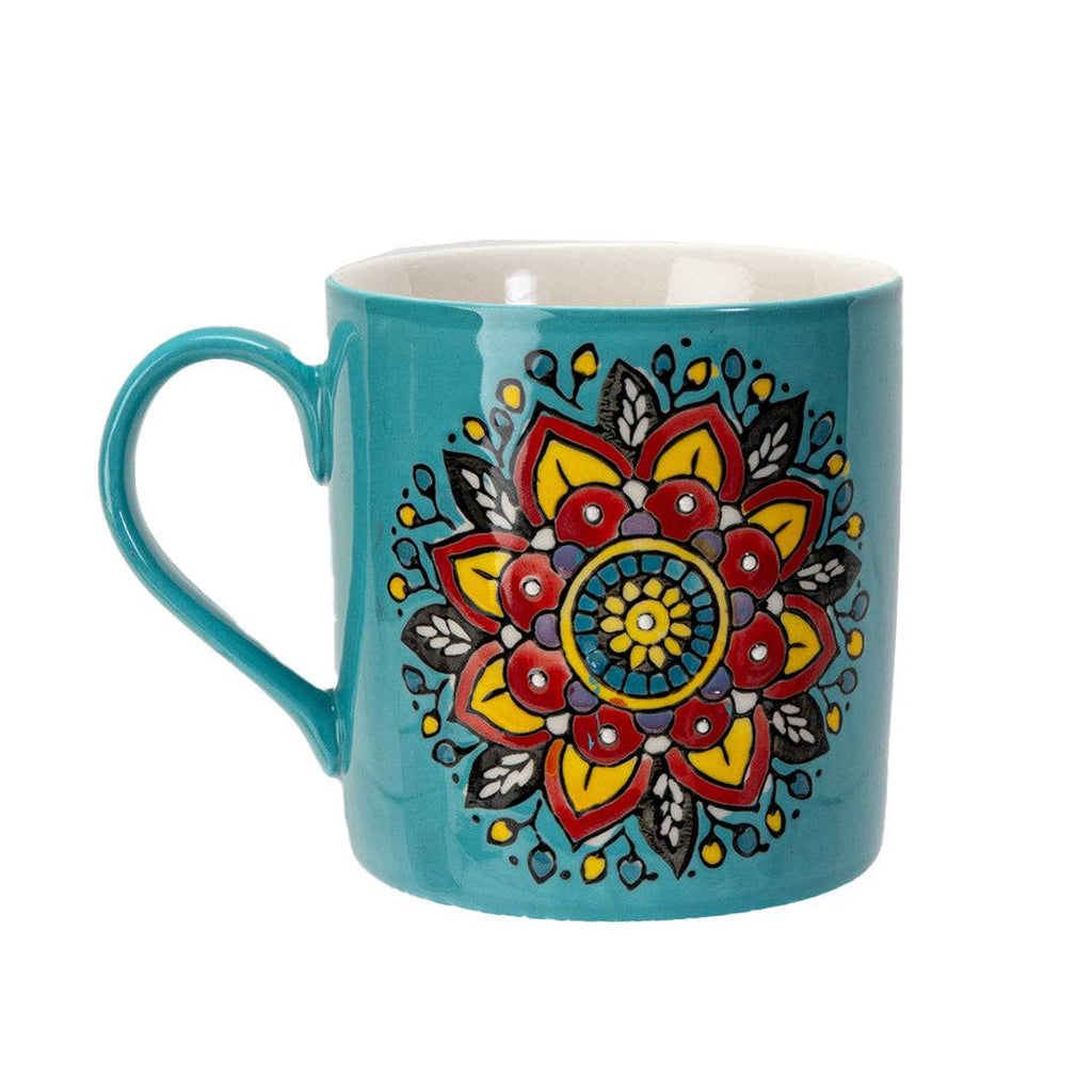 Turquoise mug with a colorful mandala design on a white background