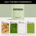 Plant-based gum packaging with ingredients listed on a green background