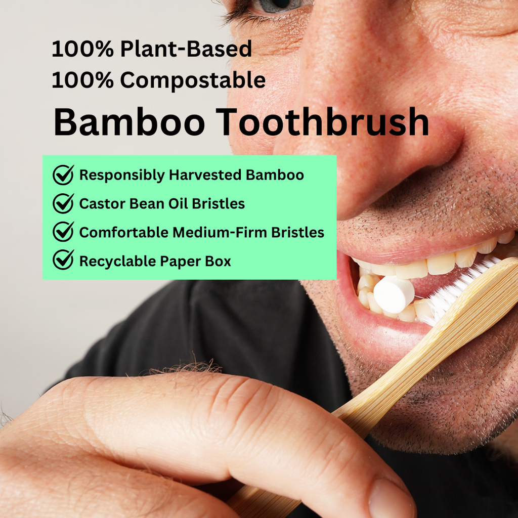 Person using a bamboo toothbrush with text highlighting its features.