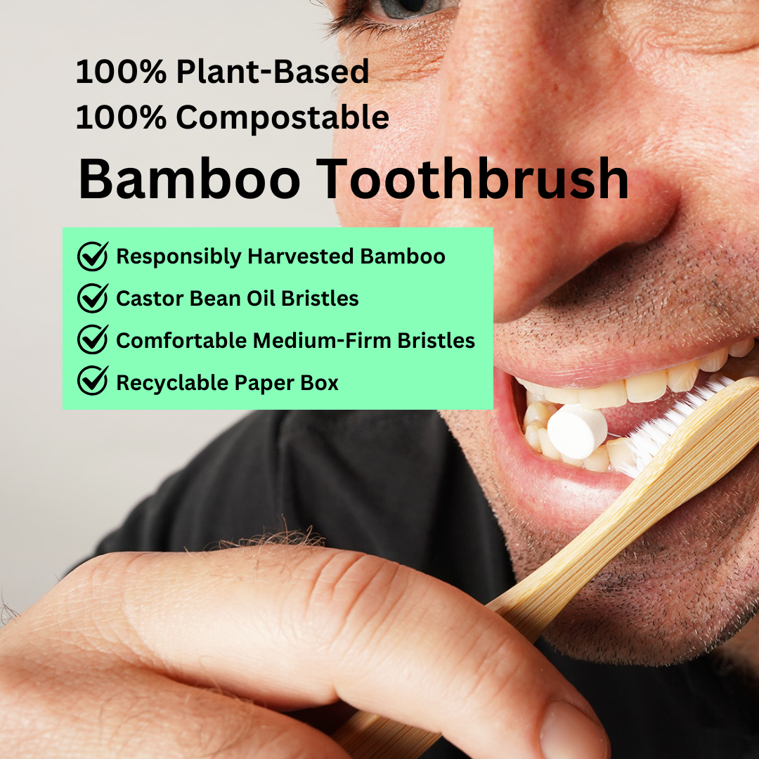 Person using a bamboo toothbrush with text highlighting its features.