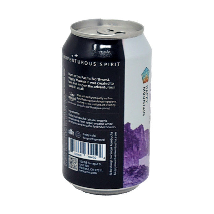 A single aluminum beverage can shown upright on a plain white background, photographed from the back. The can is mostly black on the left side with white text, a barcode, and a purple mountain graphic on the right side.
