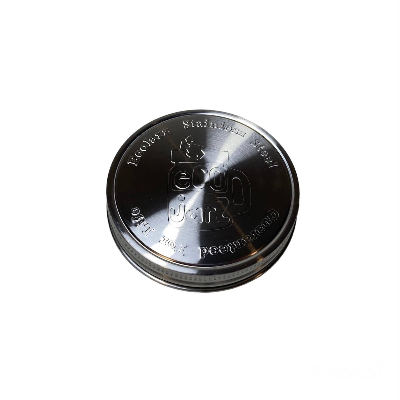 Metallic container lid with branding on a white background