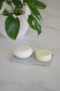 Two soap bars on a small stand with a plant in the background