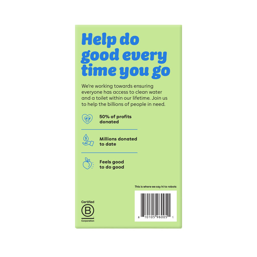 Green label with text about water access and a B-corp certification logo on a white background