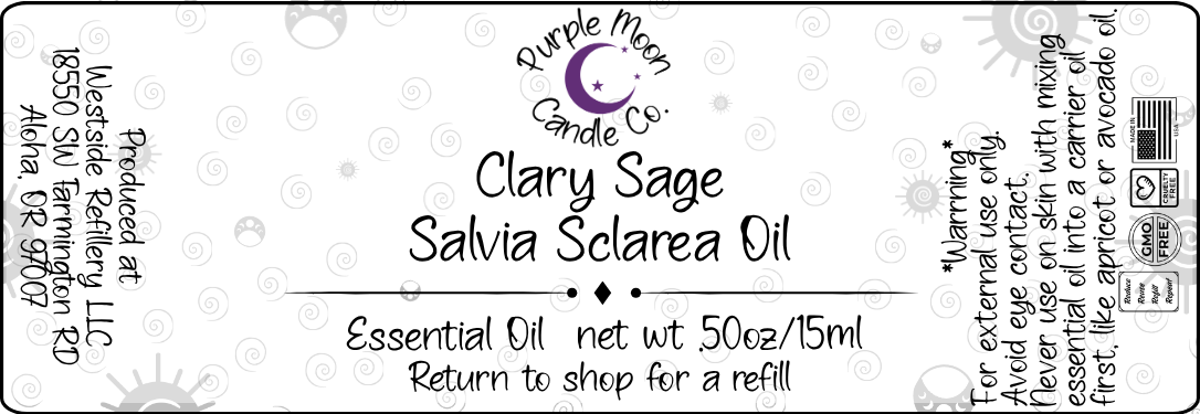 Label for Clary Sage Salvia Sclarea Oil essential oil bottle with branding and product details.